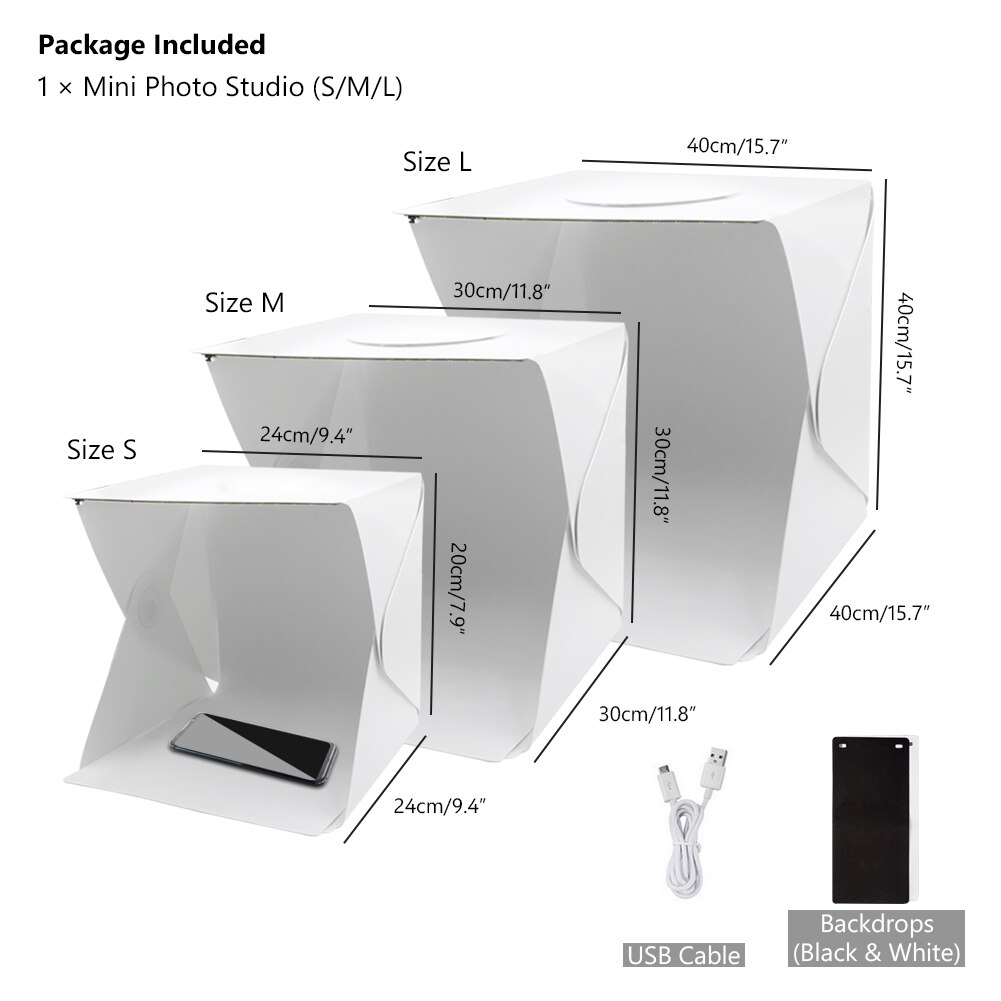 Photo Light Tent - 24/30/40cm - LED Studio Box - USB Powered - Foldable - Photography Softbox