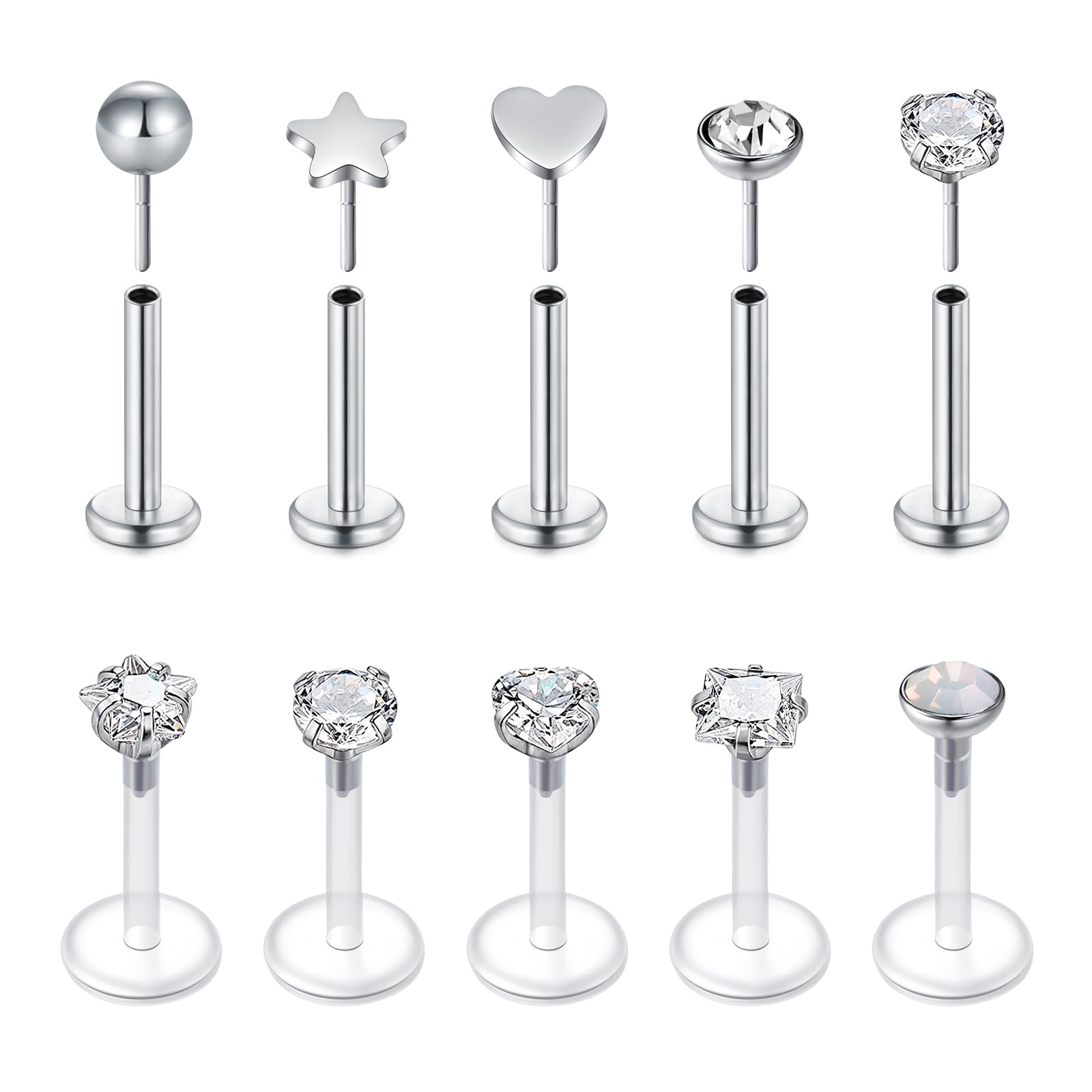 Pendientes de tuerca sin rosca para cartílago Tragus, Piercing de oreja, lóbulo, labio, Labret, 16G