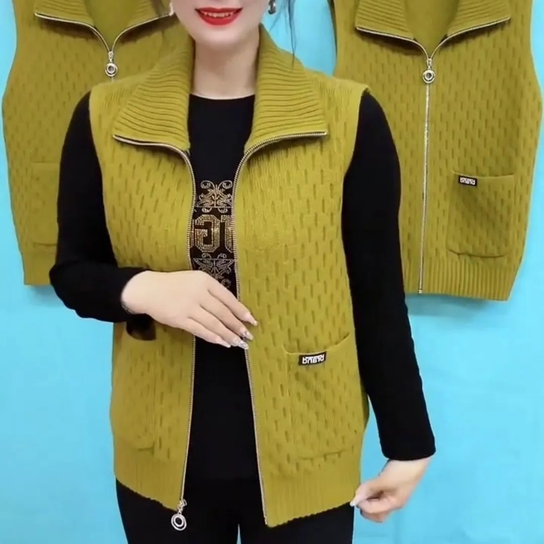 Morvest forår efterår revers strikket cardigan sweater frakke ensfarvet lynlås ærmeløs jakke damevest 5x: Xxxl / Himmelblå
