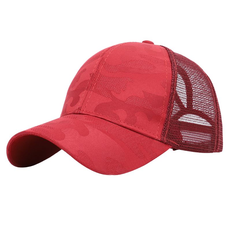 Frauen Sommer modisch Pferdeschwanz chaotisch Brötchen Baseball Deckel Hüfte hüpfen Tarnung Jacquard Gittergewebe Zurück Einstellbare Hysterese Hütte: Burgund