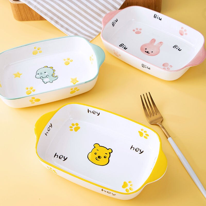 Plate Sets baked rice baking tray ceramic baking tray salad tray net red dish tableware oven tray cartoon cute baking