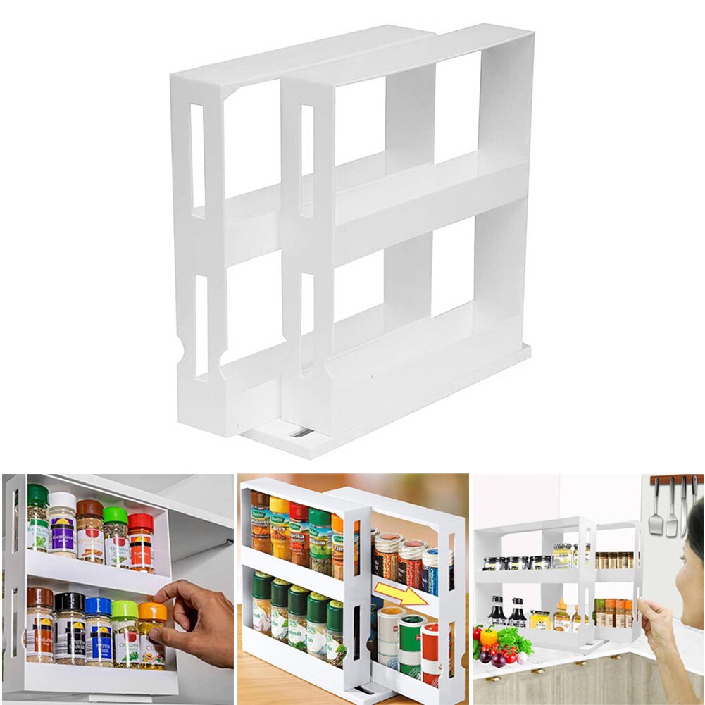 2 Layers Rotating Storage Shelf Cabinet Bottle Spice Rack Push-pull Multi-Functional Kitchen Accessories Food Box