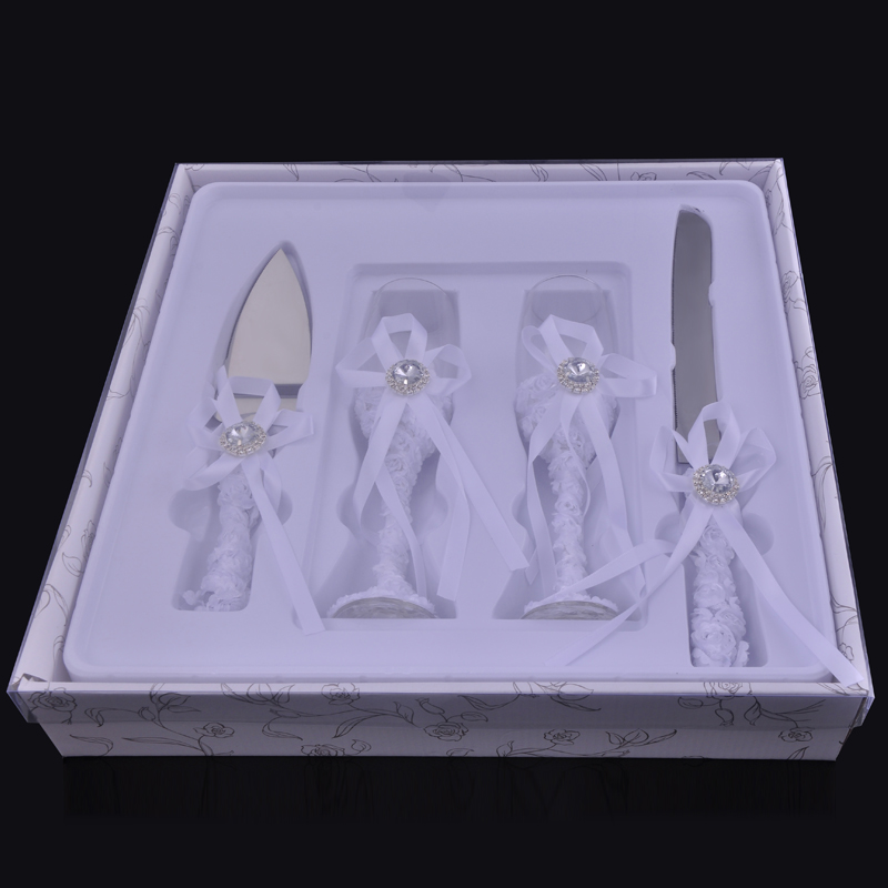 Couteau de service pour gâteau de mariage, ensemble de 4 pièces, manche de nœud de ruban, flûtes à Champagne décorées en diamant, coupe-gâteau, pelle, de fête: A