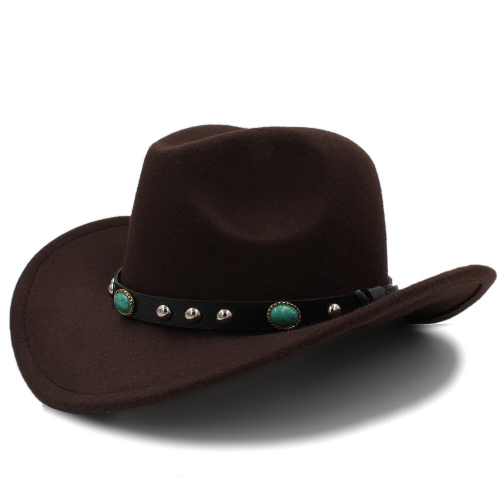 Kvinder uld hule vestlige cowboy hat roll-up bred skygge dame jazz sombrero hombre cowgirl kasket med punk bælte størrelse 56-58cm: Kaffe