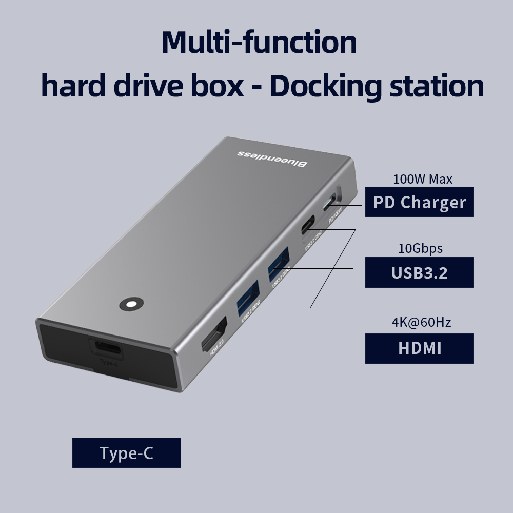 Blueendless m2 sata or m.2 NVMe SSD Enclosure with USB C hub Laptop Docking Station 4K 60Hz HDMI-Com USB3.2 100W PD SDTF 10Gbps