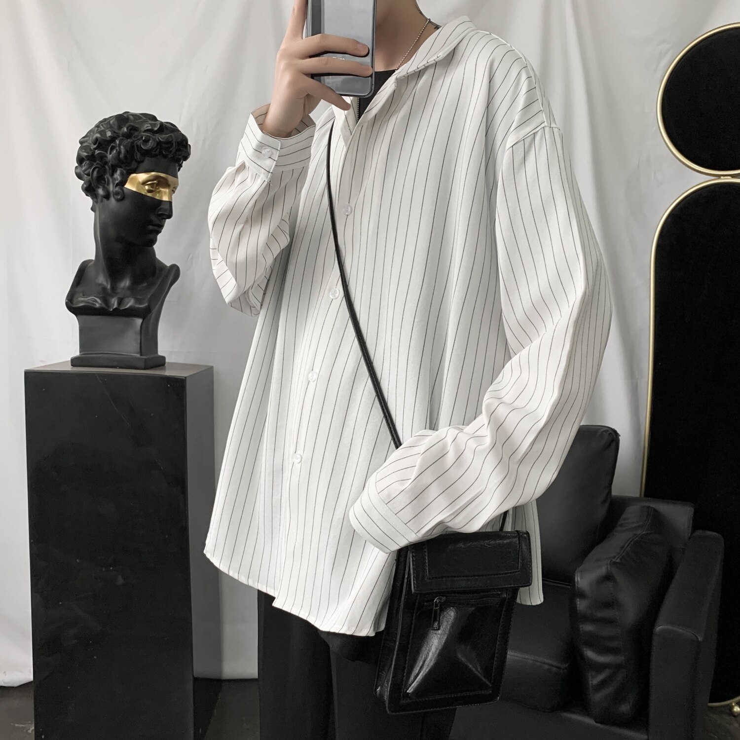Camisa de vestir a la para hombres, camisa informal de negocios para la sociedad para hombres, Camiseta holgada salvaje de manga larga, camisas a rayas, M-2XL para hombres: white / 2XL
