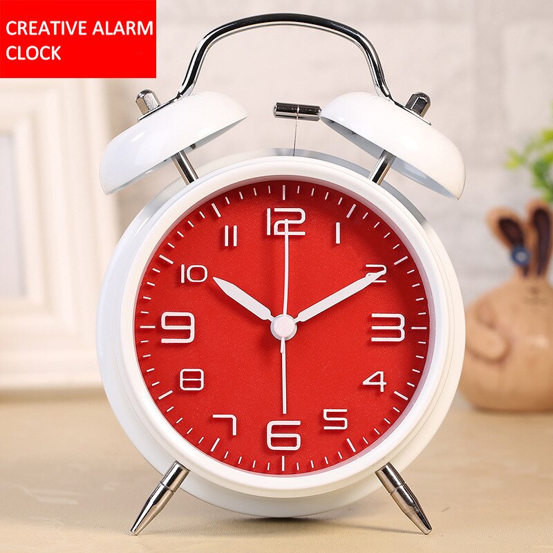 Reloj despertador de doble campana de 4 pulgadas para niños, cronógrafo de Metal con personalidad, , luminoso, para sentarse, decoración del hogar: White and Red