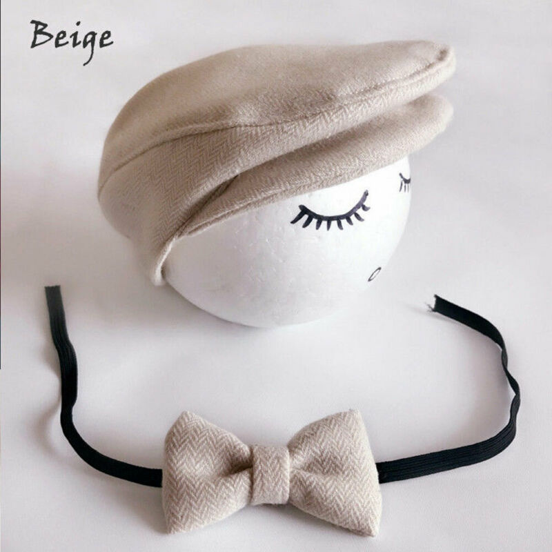 Newborn Baby Peaked Beanie Cap Hat Bow Tie Photo Photography Prop Infant Boy Caps