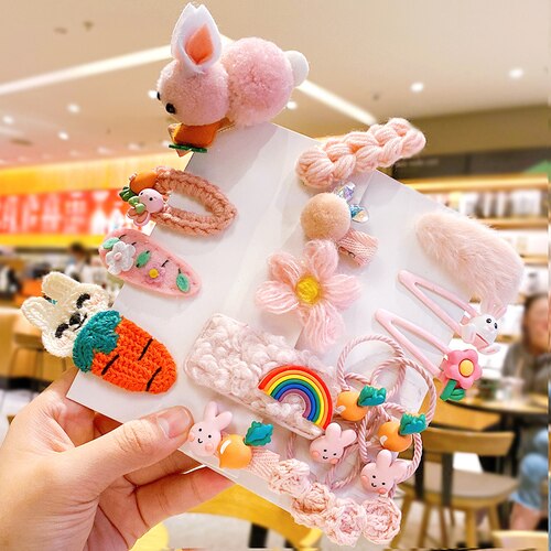 Newest 1set Winter Girls Cartoon Fruit Cashmere Faux Fur Soft Hairpins Sweet Children Hair Clips Kid Hair Accessories: rabbit-18 Pcs