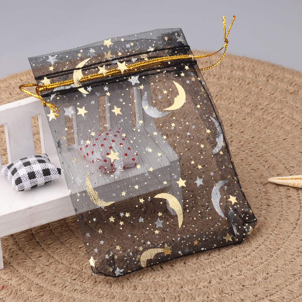 Sac en organza lune et étoile, pocommuniste multicolores pour fête de mariage, sac à bonbons, emballage de bijoux, 7x9 cm, 9x12 cm, 10x15cm, 50 pièces par lot: Black / 13x8x15 cm