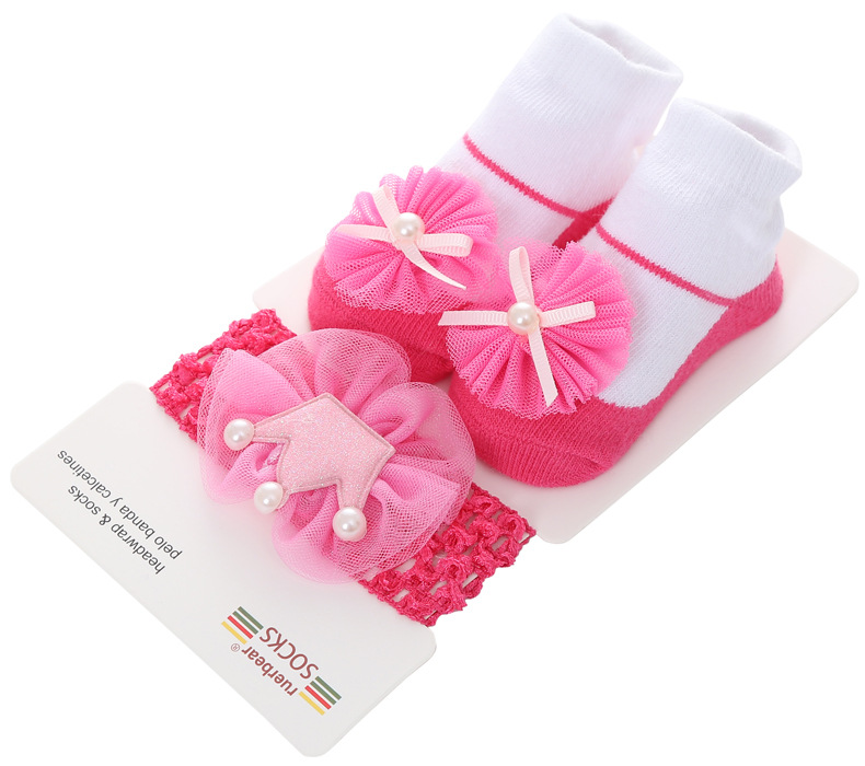 Belle bébé filles paillettes étoile gaze fleur décoré anti-dérapant coton cheville chaussettes avec élastique bandeau ensemble: C
