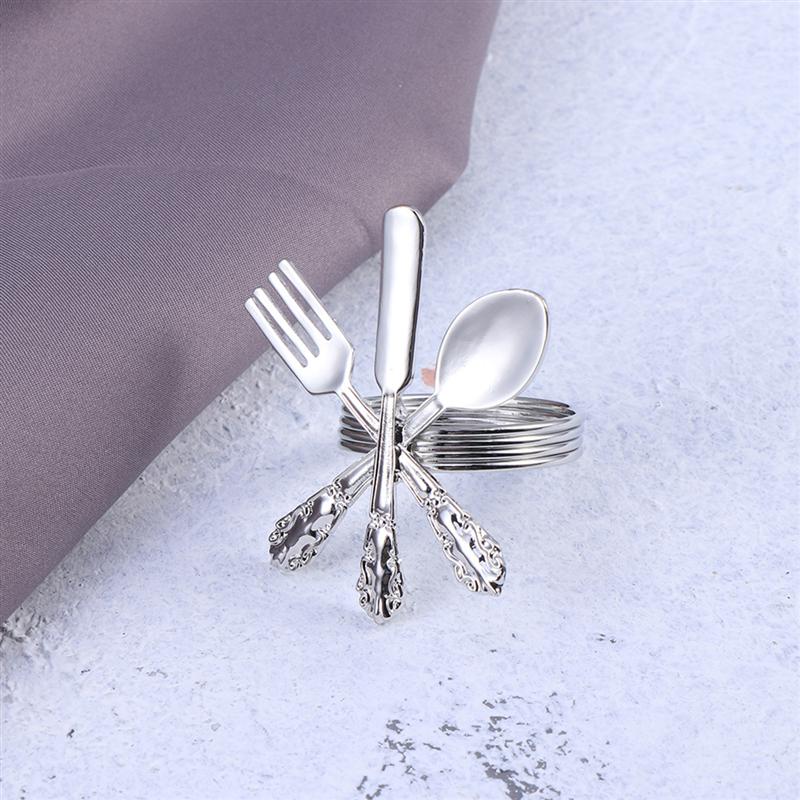 Zinklegering Mooie Vork Mes Lepel Zilveren Servetringen Servies Servetring Houder Voor Bruiloft Tafel Decoratie (Silver)