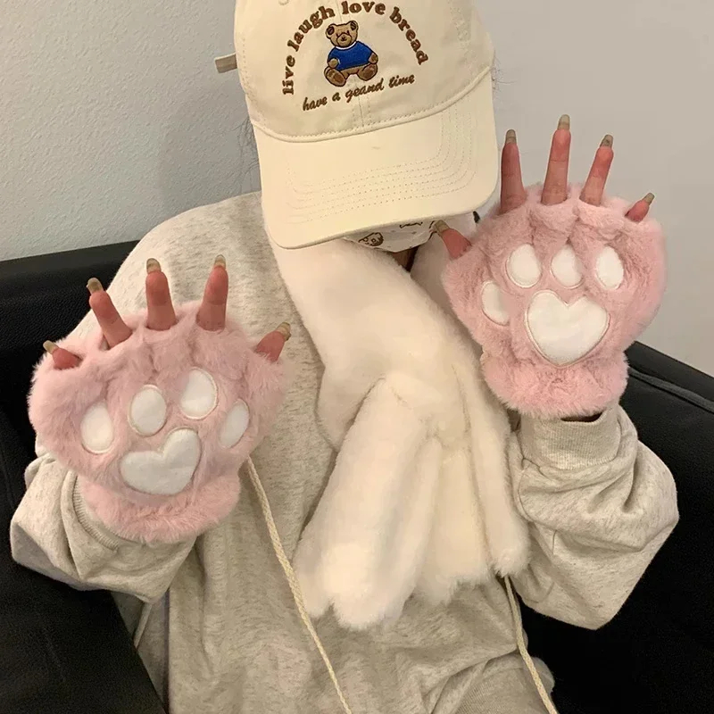 Jolies gants en peluche patte de chat, mitaines en peluche, chaudes et douces, courtes, sans doigts, ours pelucheux, Costume, gants demi-doigt