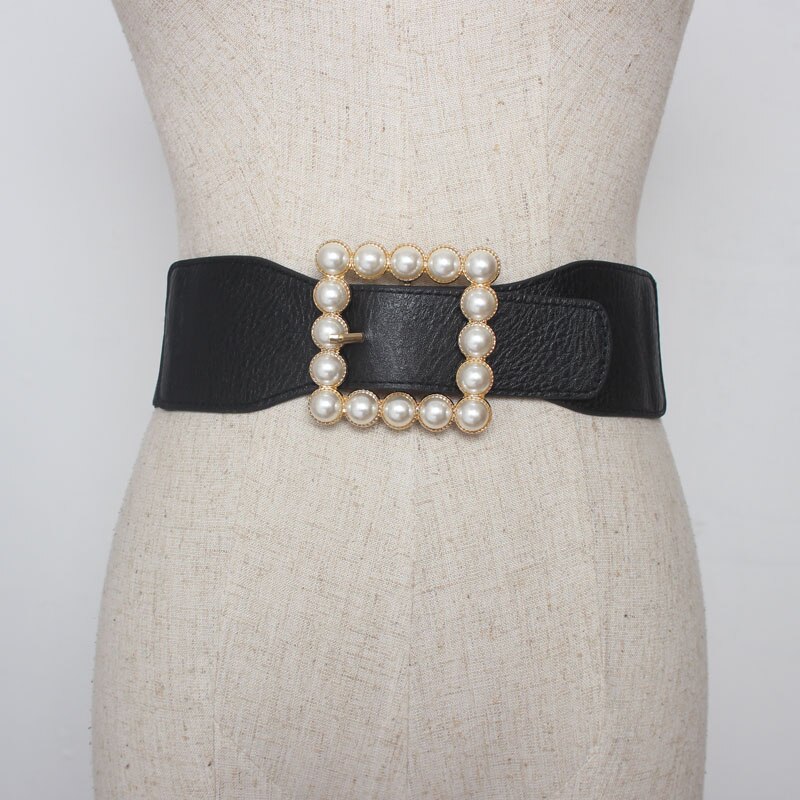 Mode Broeksbanden Voor Vrouwen Solid Stretch Brede Cumberbanden Trouwjurk Versiering Lady Pearl Gold Pin Gesp Riemen Jurk
