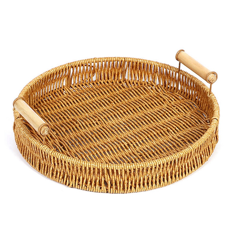 Cestas de mimbre tejidas de imitación de plástico para pan, fruta, verdura, restaurante, mesa para servir, cesta de almacenamiento redonda de ratán