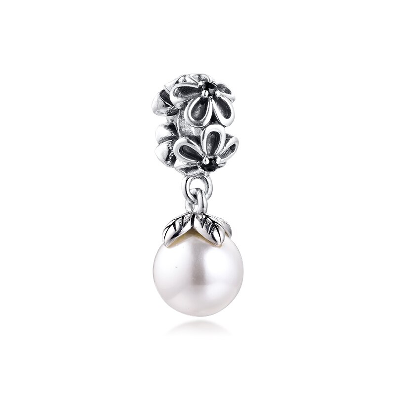 Beads fits for Necklaces Bracelets 100% 925 Sterling-Silver-Jewelry White Pearl Hanging Dangle Charms