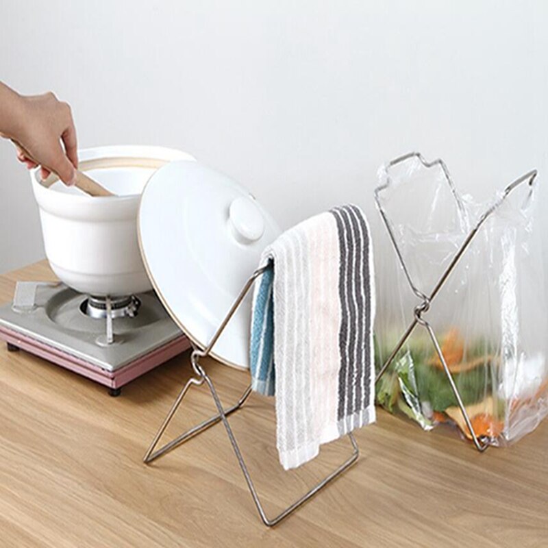Plastic Bag Hanging Rack Stand Rack Stainless Steel Garbage Bag Kitchen Rag Folding Garbage Storage Clean Bags: Default Title