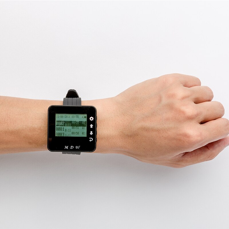 Mindewin Wireless Restaurant Call Paging System 1pc M-W-1 Wrist Watch Receiver+ 5pcs M-K-4 Waterproof Call Transmitter Button
