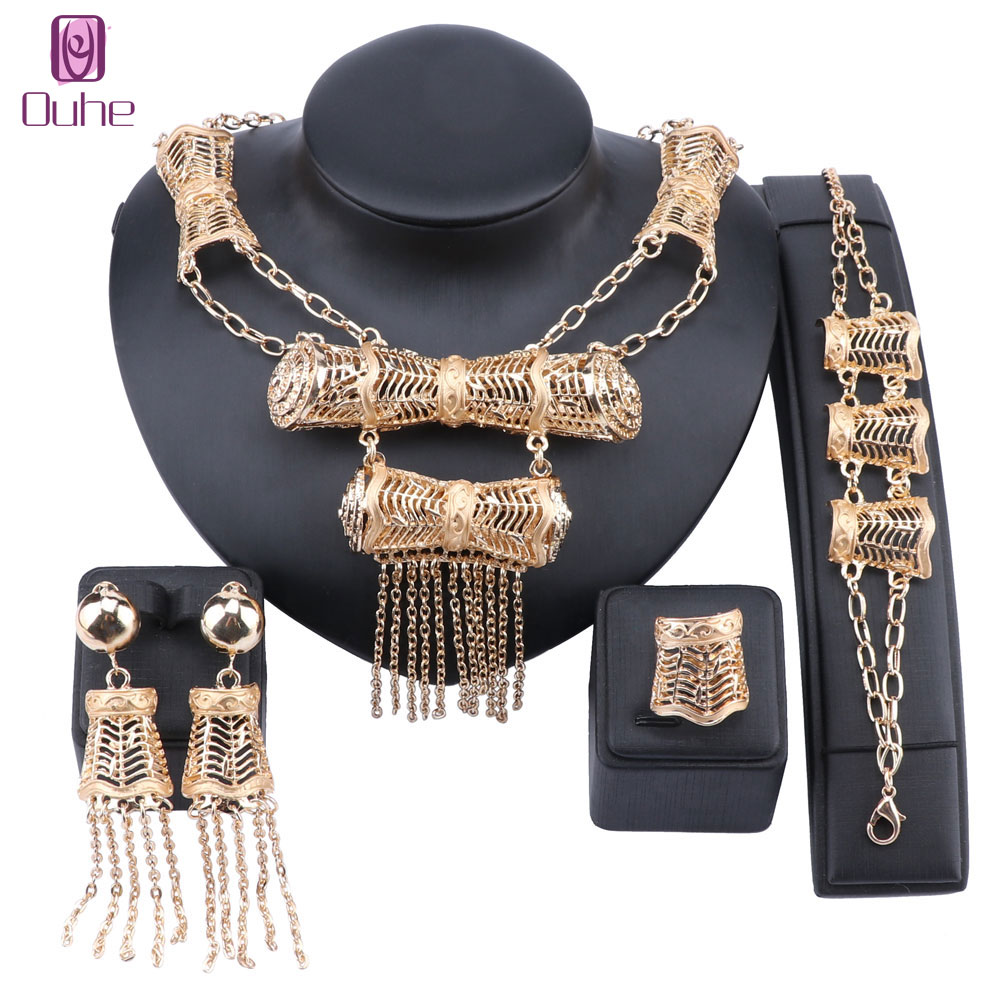 Afrikanischen Schmuck Sets Quaste Halskette Ohrring Dubai Gold Schmuck Set Für Frauen Hochzeit Party Braut Armband Ring Schmuck