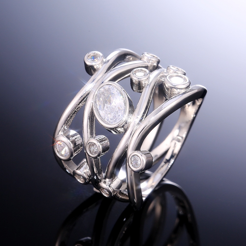 Luxo feminino anel de pedra de cristal branco clássico cor prata casamento grandes anéis para as mulheres na moda oco geométrico anel de noivado