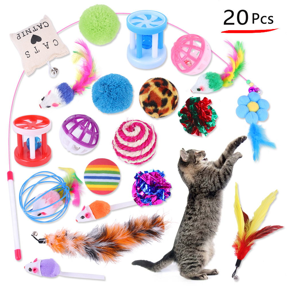 Jouets en forme de souris pour chat, boules en forme de souris, formation pour chaton, ensemble de jouets amusants interactifs, bâton d'herbe à chat, boule de cloche en Sisal, fourniture pour animaux de compagnie,: 20pcs cat toys