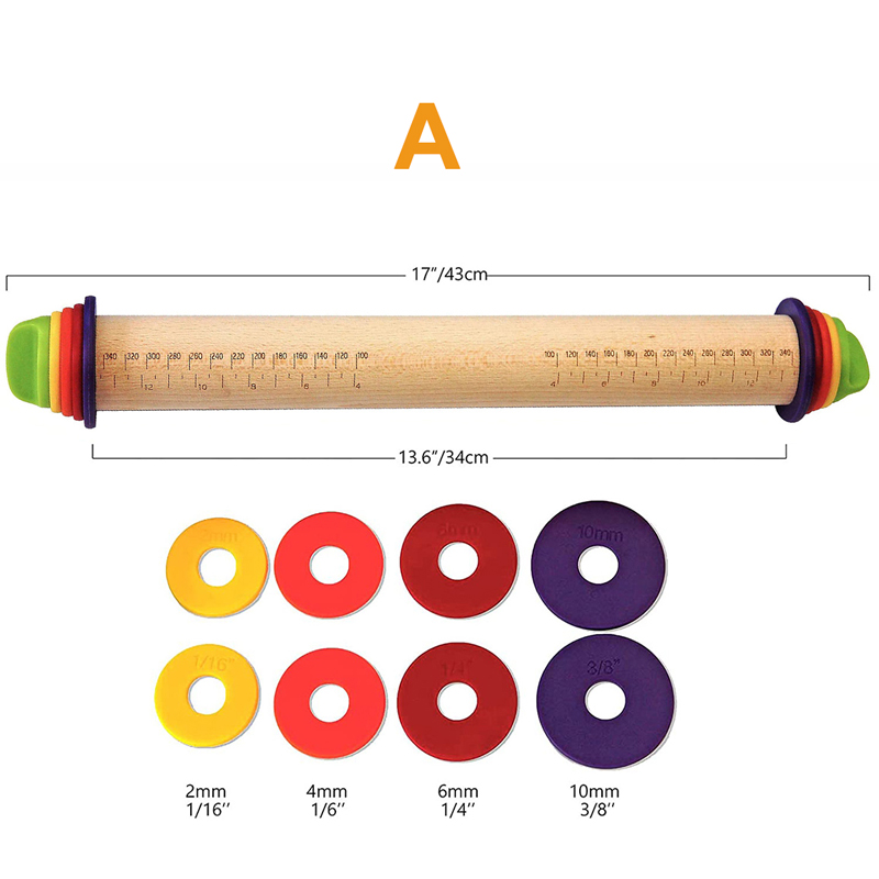 Verstelbare Houten Deegroller Met Schaal En Ringen Deeg Roller Voor Pasteuze Deeg Pizza Pie Korst Brood Professionele Gebak Gereedschap: A-17inch 43cm
