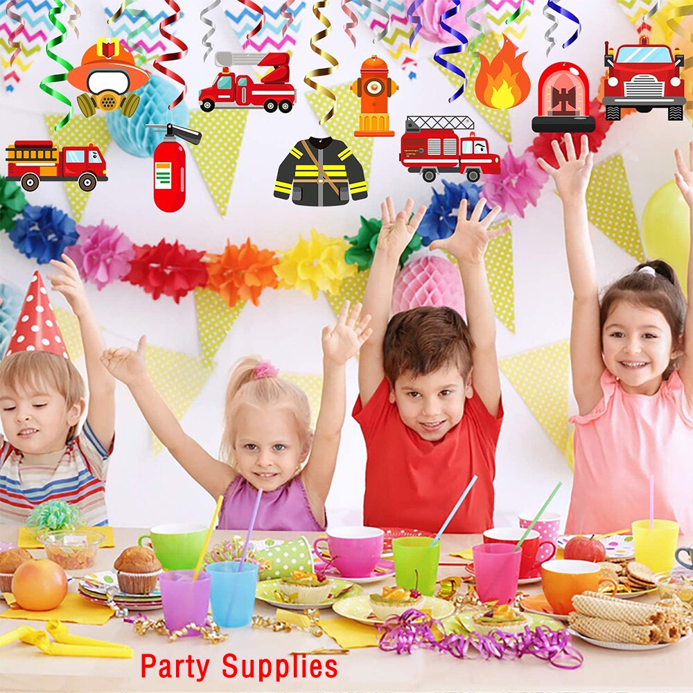 30Pcs Fire Truck Swirls Decorations Fireman Hanging Whirl Streamers Party Supplies for Children Fire Theme Birthday Room Decor