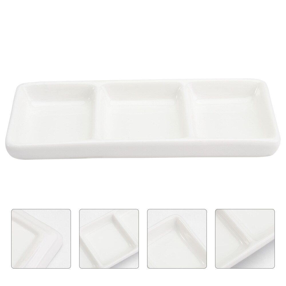 6 Inch Pure White Ceramic 3-Compartment Appetizer Serving Tray Rectangular Divided Sauce Dishes for Spice Dish Soy Sauce