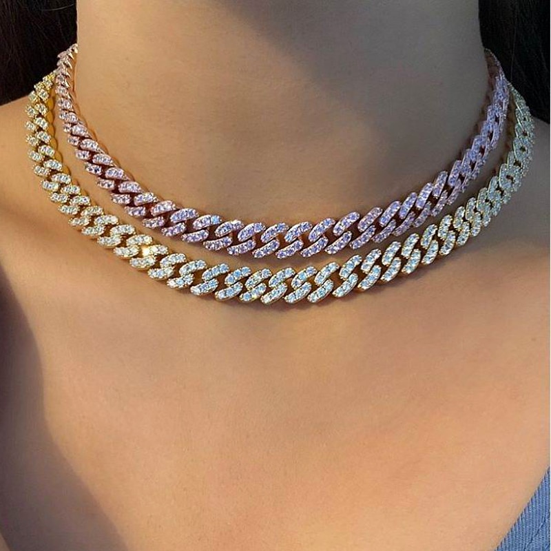 9mm iced out bling cz Miami cuban link chain Two tone With White &Pink cz choker necklace silver color women jewelry