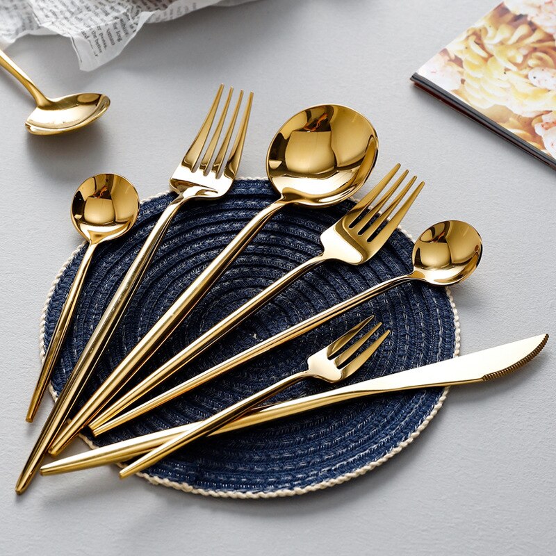 Golden Glossy Fork Knife Dinnerware Set Coffee Spoon Dessert Fork Chopsticks Kitchen Gadget Flatware Stainless Steel Tableware