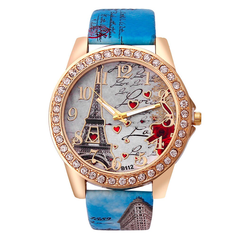 Tower Pattern Leather Band Analog Quartz Vogue Wrist Watches часы женские часы женские наручные relojes para mujer montre femme: Blue
