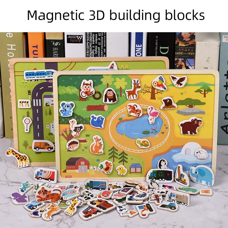 Puzzle magnetico in legno gioco di veicoli per animali e traffico bambini giocattoli per l&#39;apprendimento educativo precoce Puzzle per bambini