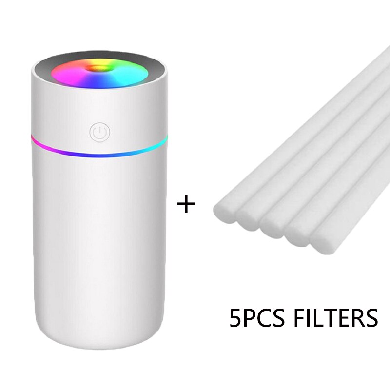 Mini usb luftfugter med coloful lys ultralyd aroma diffuser bil tåge maker aromaterapi hjemmekontor luftrenser: W tilføj 5 stk filtre
