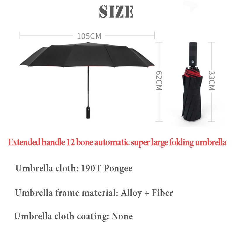 Paraguas fuerte, resistente al viento, plegable, automático, para hombres y mujeres, lluvia, 12 varillas, paraguas grandes, sombrilla con manija portátil de negocios