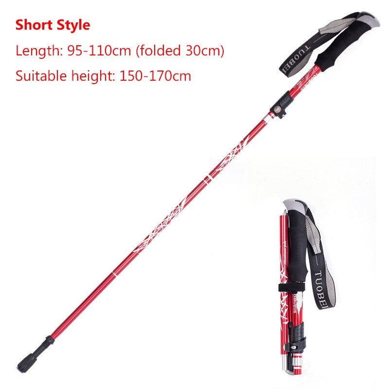 Foldable Walking Poles Anti-shock Trekking Sticks Adjustable Telescopic Baton For Hiking Climbing Accessories With Storage Bag: Short Style-Red
