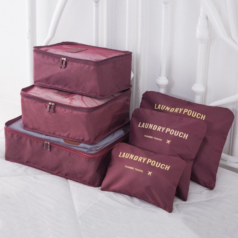 6 stk rejse opbevaringspose sæt til tøj ryddeligt arrangør garderobe kuffert pose rejse arrangør taske taske sko pakning terning taske: Rødvin