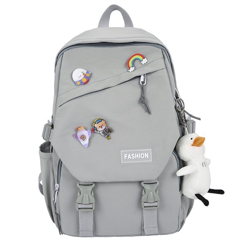 Bolso de viaje para mujer, Mochila grande Kawaii, impermeable, negra, escolar,: grey / with duck pendant