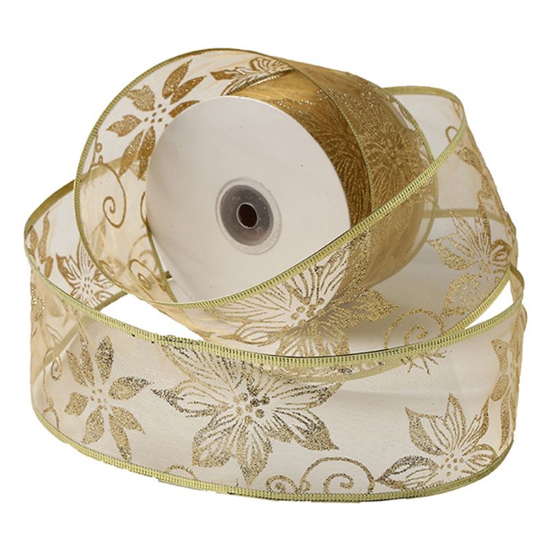 Rollo de 50 yardas de cinta de Navidad transparente con purpurina y flores para decoración del banquete de boda