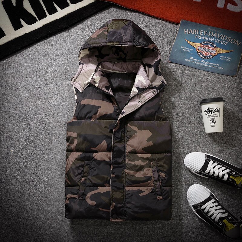 Vest Mannen Herfst Winter Warm Mouwloze Jas Camouflage Vest Heren Vest Casual Jassen Donzen Dikke Mannelijke: Black / Xl