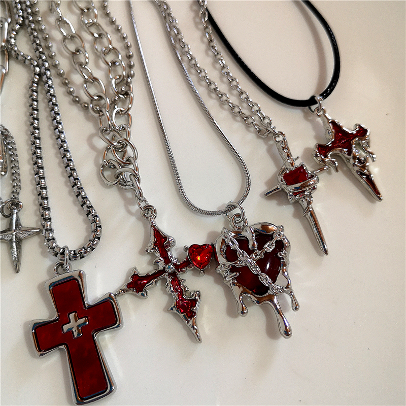 Collar con colgantes de corazón de amor y Cruz Roja Y2k para mujer y hombre, cadena de cuerda de Hip Hop, Rave, accesorios de joyería góticos de