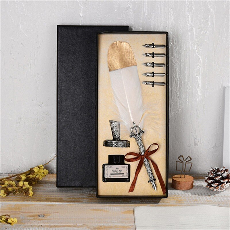 Vintage 1Set Kalligrafie Veer Dip met 5 Nib Quill Pen Schrijven Inkt Set Geschenkdoos Bruiloft Fontein pen