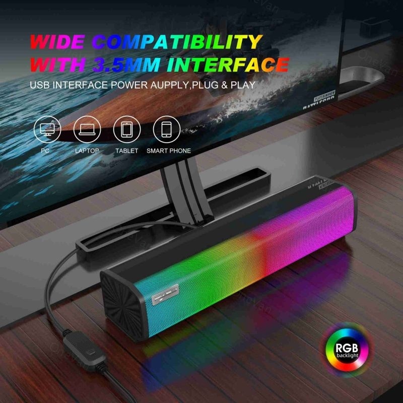 Barre de son lumineuse RGB, haut-parleur pour ordinateur, hi-fi, jeu, boîte de son en ABS, 9 types de lumières réglables