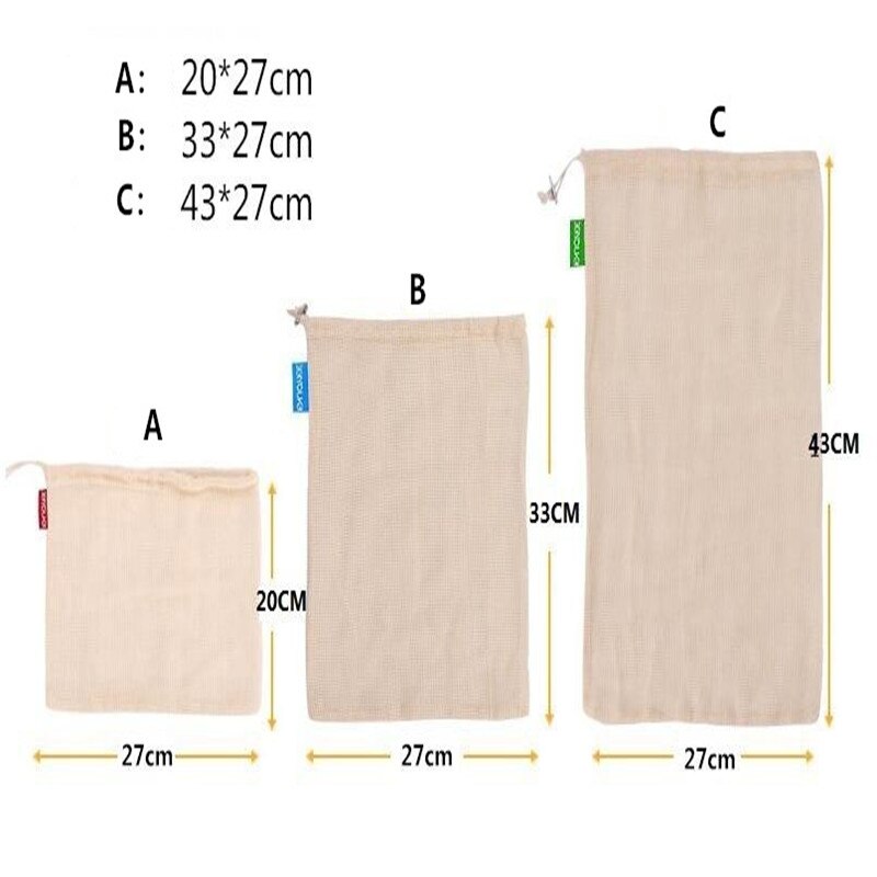 Herbruikbare mesh-productentassen, eco-superieure dubbel gestikte stoffen trekkoord mesh-tas voor het winkelen voor fruit, groenten en reizen