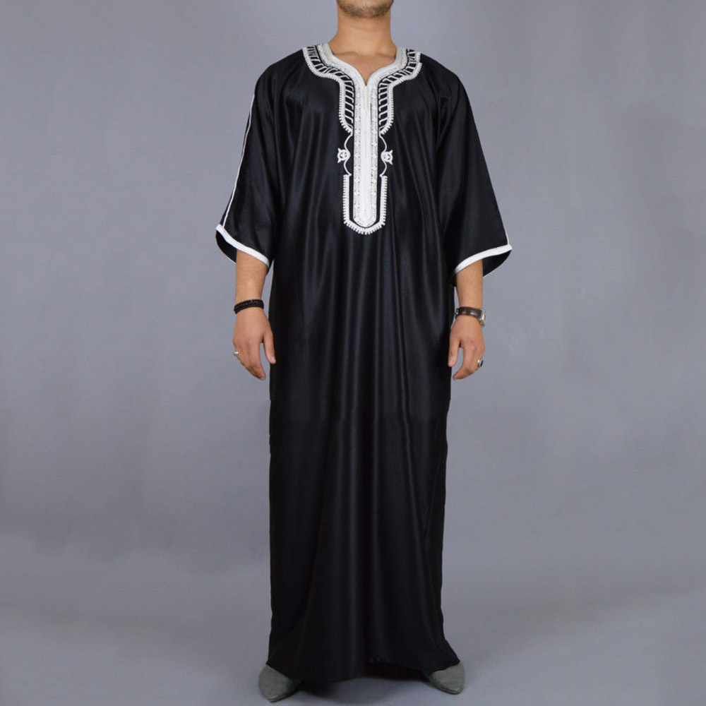 Vestido largo árabe Islam Kaftan musulmán Eid hombres marroquí Dubai caftán bordado suelto transpirable Abaya Jalabiya Thobe verano 2024: XXL / Negro