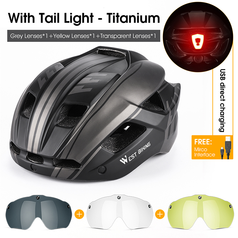 WEST BIKING-casco de ciclismo para hombre y mujer, gafas con luz trasera, visera para el sol, casco para bicicleta de montaña y carretera, gorra segura para motocicleta: YELLOW