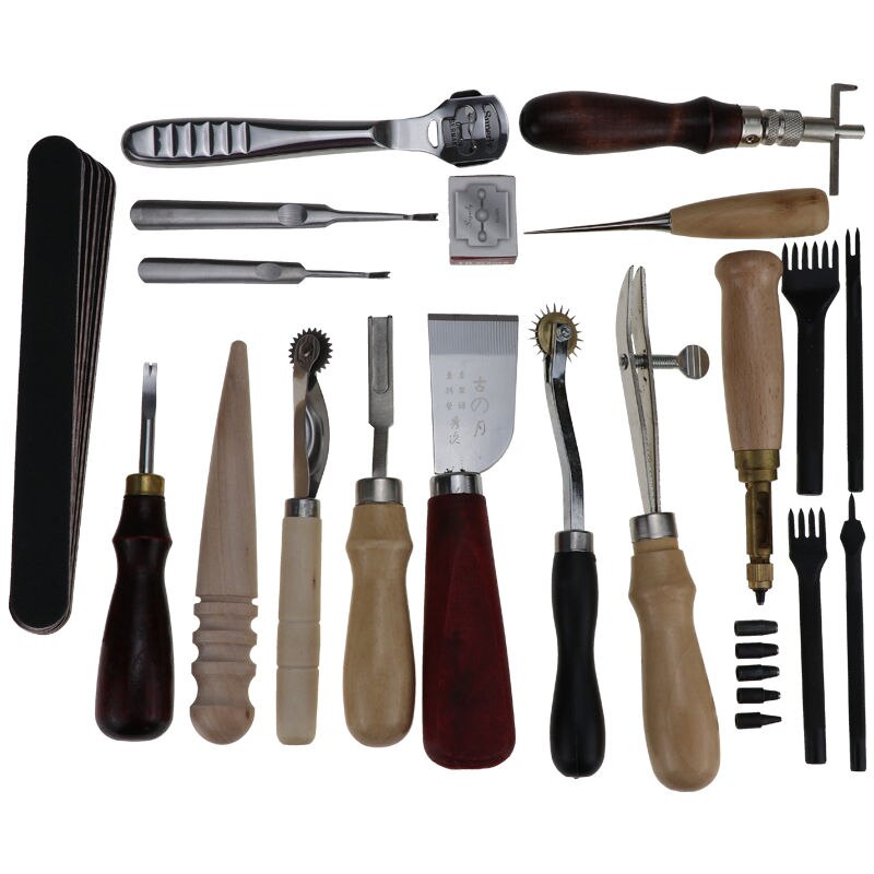 Leather Craft Tools Kit Hand Sewing Stitching Punch Carving Work Saddle Leathercraft Accessories: 19PCS 1SET