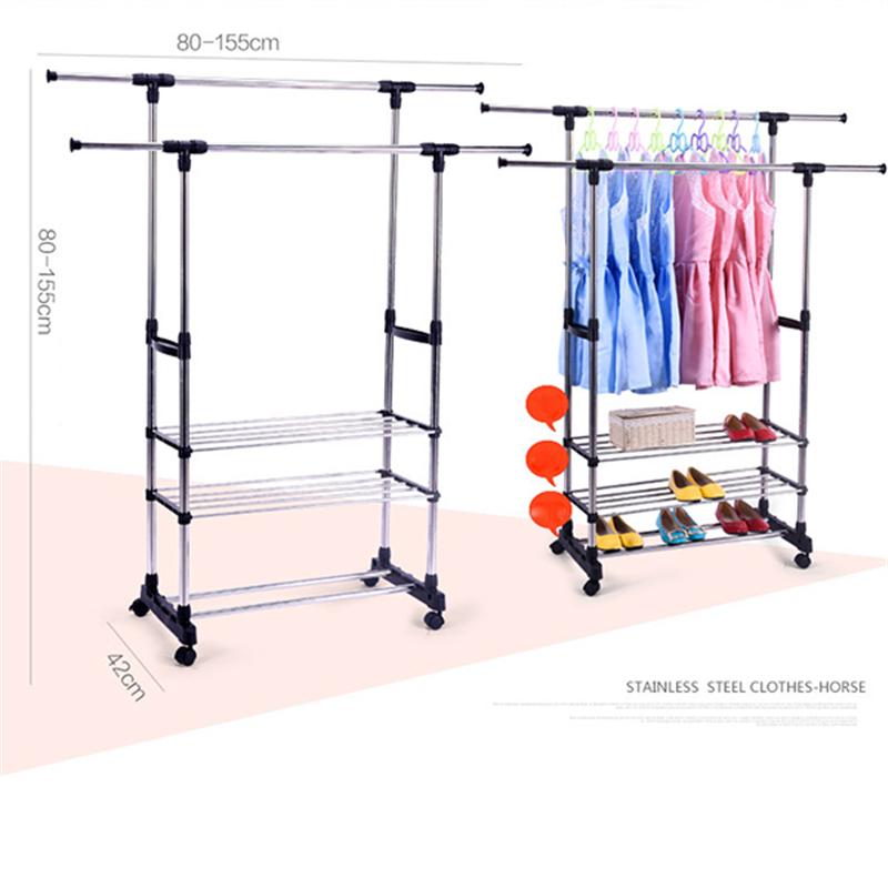 Heavy Duty Double Rail Adjustable Telescopic Rolling Clothing and Garment Rack Portable Hanger on Wheels (Silver)