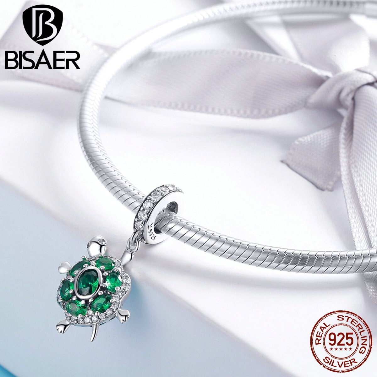 BISAER Ozean Reize 925 Sterling Silber Schildkröte Schildkröte Perlen Grün kubisch Zirkon passen Armbänder DIY Schmuck Machen ECC1017