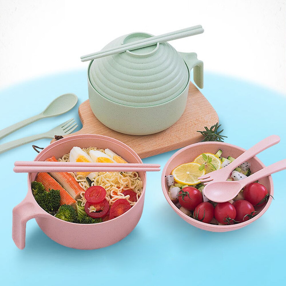 Ramen bol à nouilles instantanées avec poignée de couvercle, paille de blé , ensemble de couverts de cuisine, soupe salade riz bol micro-ondes