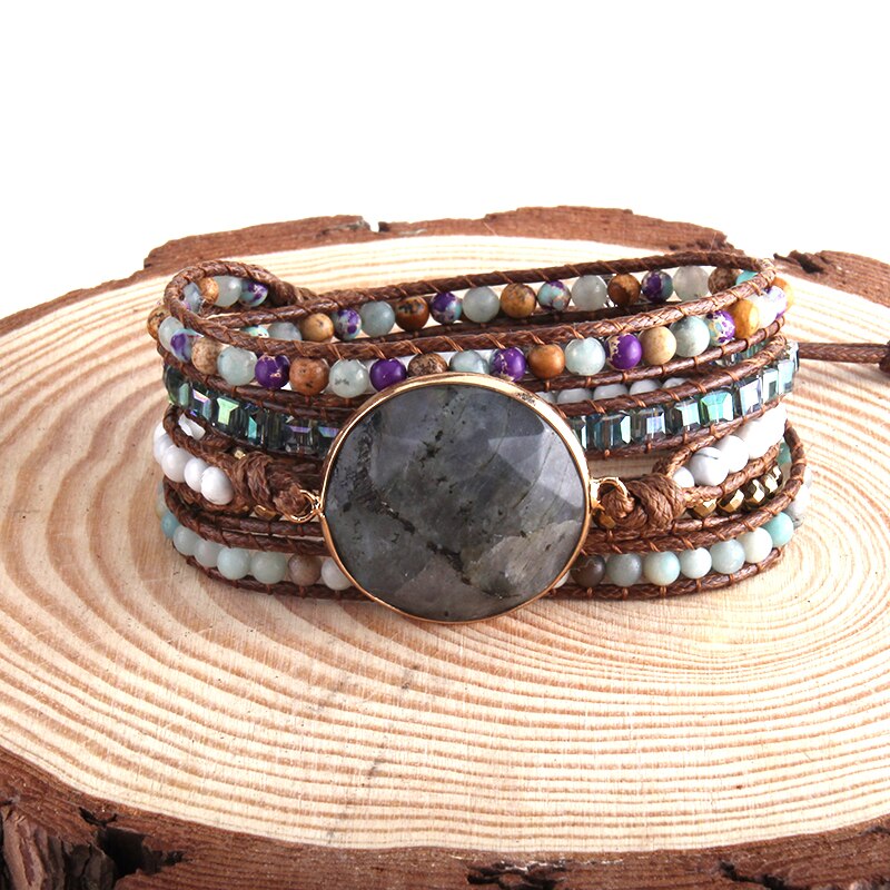 RH Handma Bohemian Jewelry Boho Armbander Natural Stones Big Charm 5 Strands Wrap Bracelets